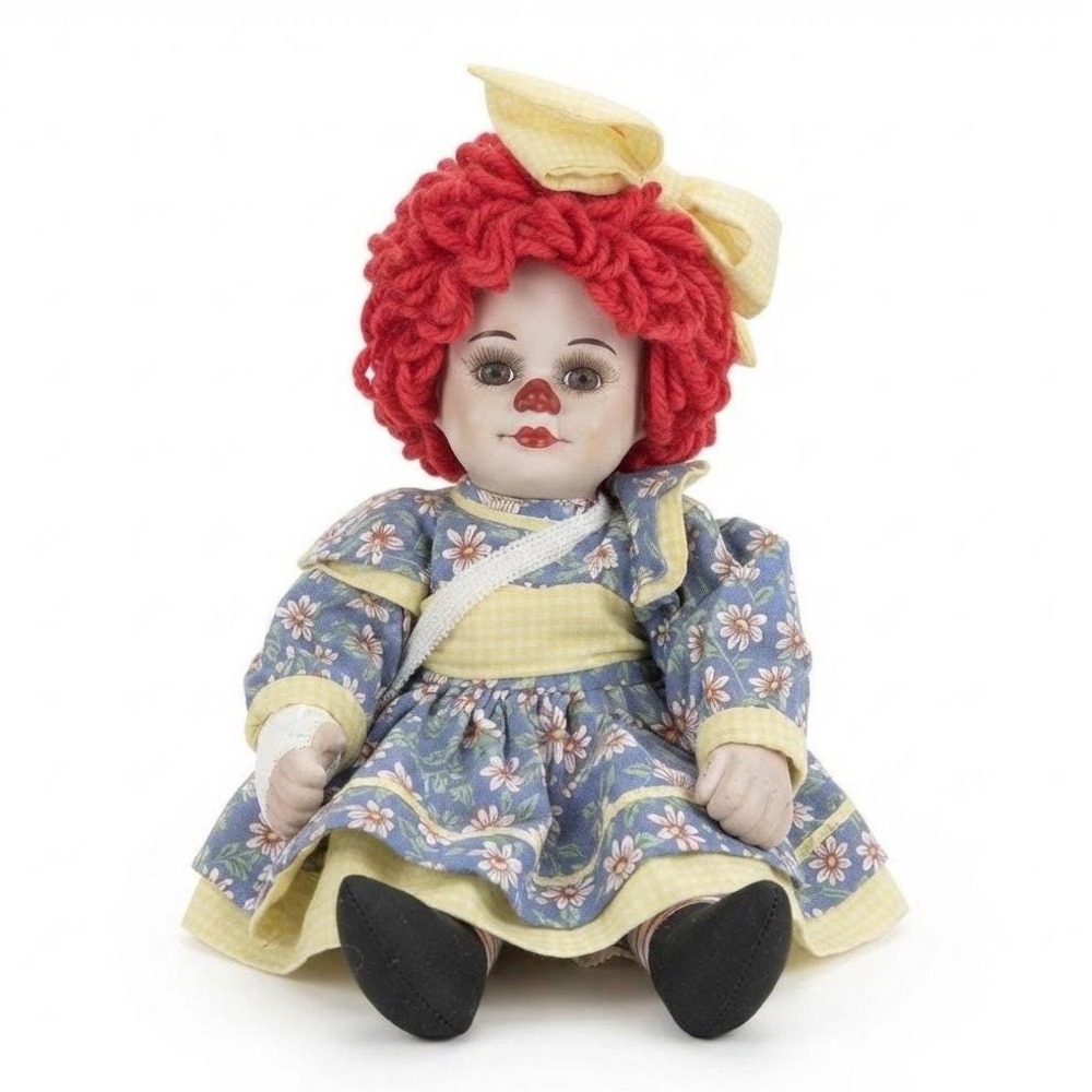 Marie Osmond Vintage Rosie the Clown Porcelain Doll Yarn Hair Floral Dress Sling